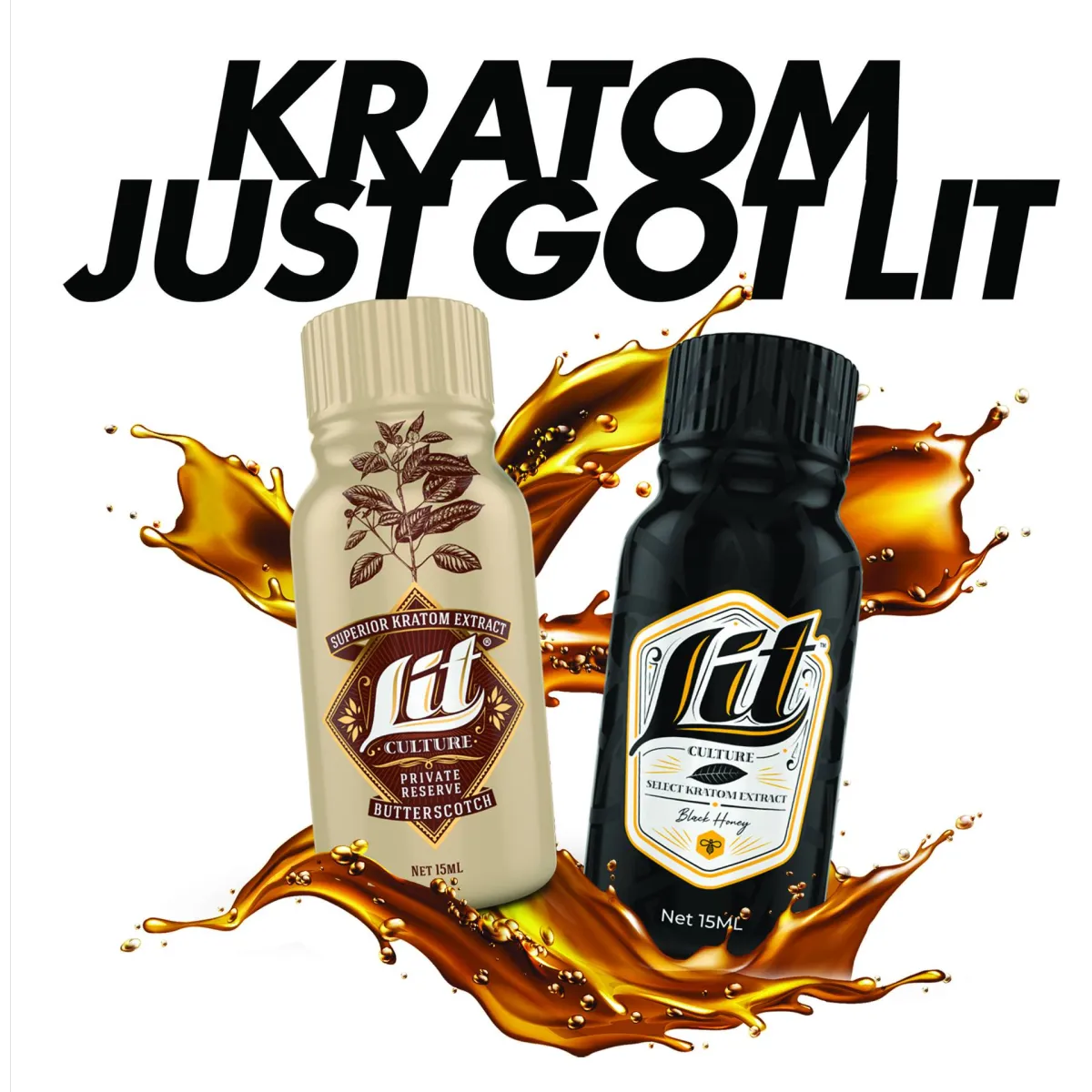 Lit Culture Superior Butterscotch and Select Black Honey Liquid Kratom Extracts