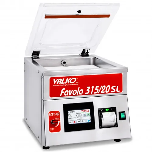 Table-top chamber vacuum packaging machine FAVOLA 315/20 SL equipped with printer for adhesive labels