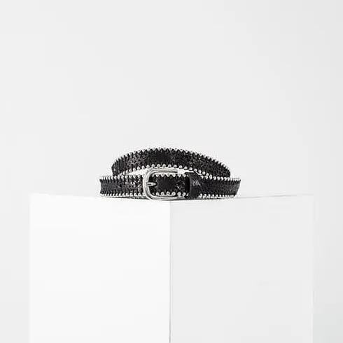 Women's black leather belt with beaded edges