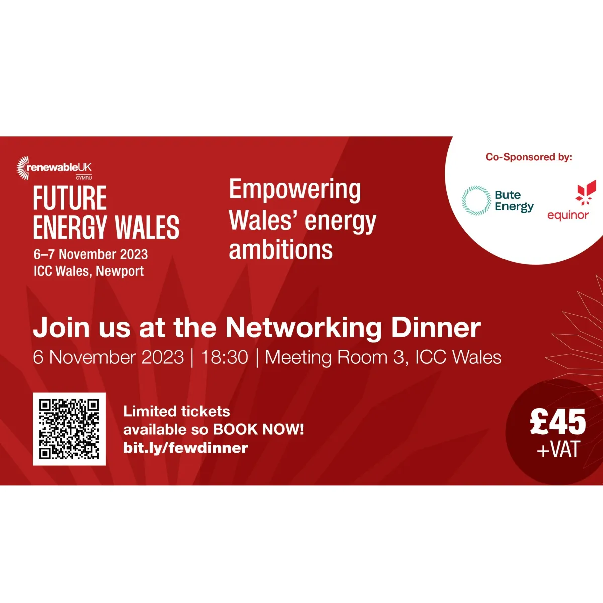 Networking Dinner, co-sponsored by Bute Energy and Equinor - Monday 6th November - Ticket required