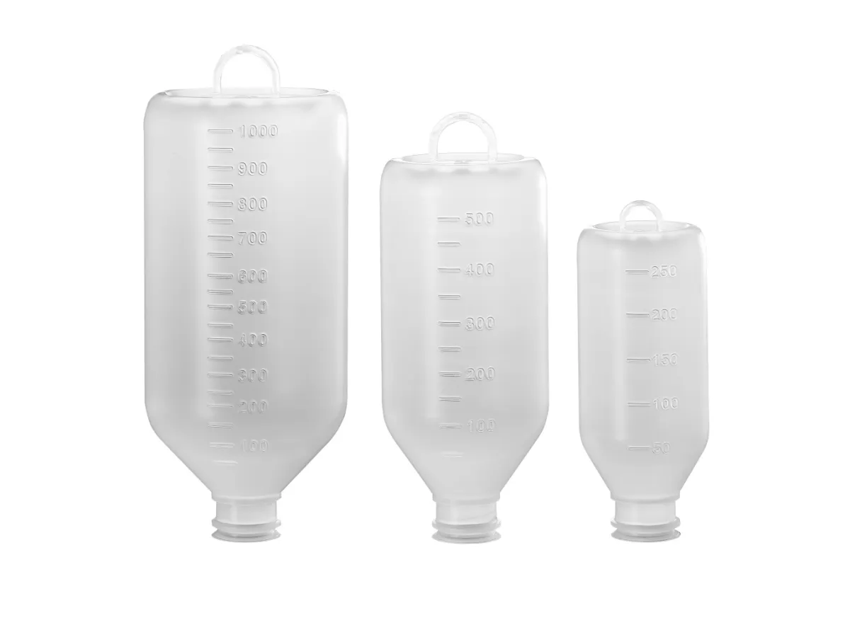 Infusion bottles with screw neck or crimp neck, loop at the base and graduation