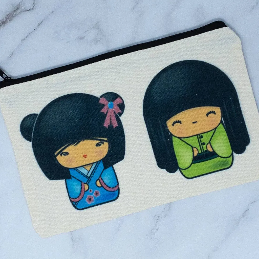 Blue Green Kokeshi Doll Cosmetic Bag