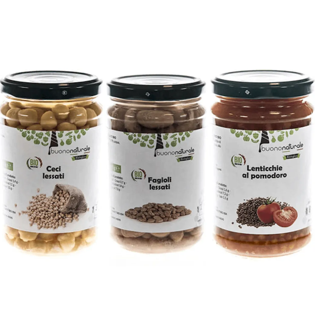 Boiled legumes (5+ SKUs: Chickpeas, Peas, Borlotti beans, Cannellini beans, Lentil tomato soup) —ORGANIC, vegan OK, gluten free in 300g glass jars