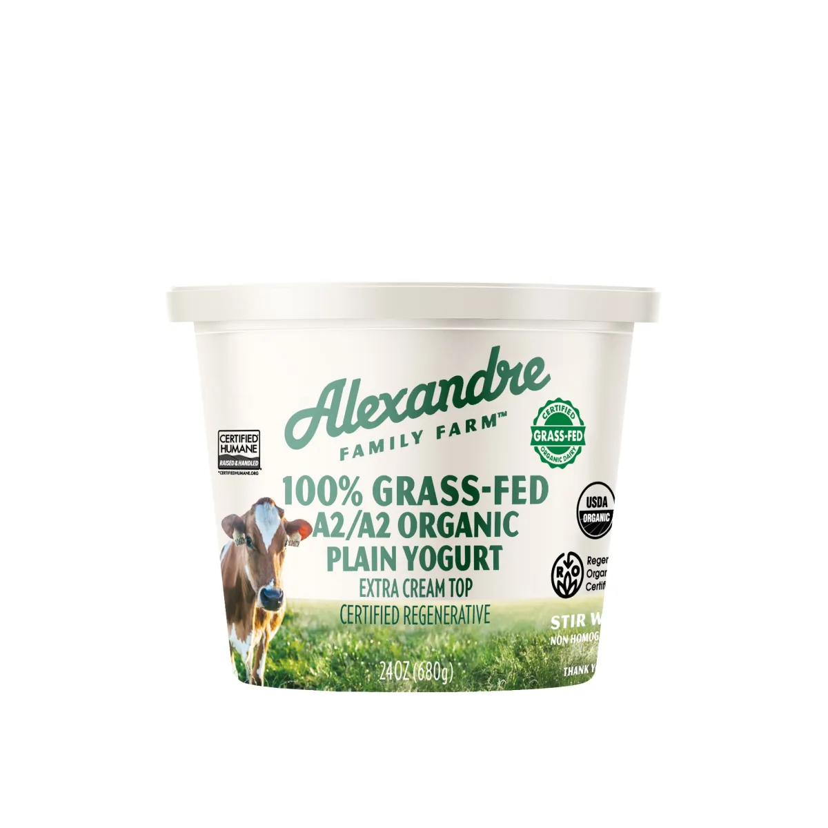 Alexandre 100% Grass-fed A2/A2 Organic Whole YOGURT - plain. Certified Regenerative Organic