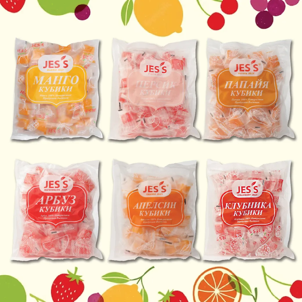 Orange Jelly, Peach Jelly, Strawberry Jelly, Papaya Jelly, and Watermelon jelly