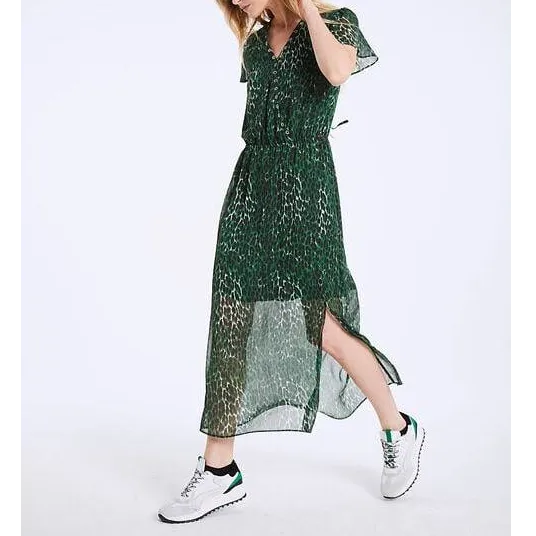 V-neck long dress in leopard print veil