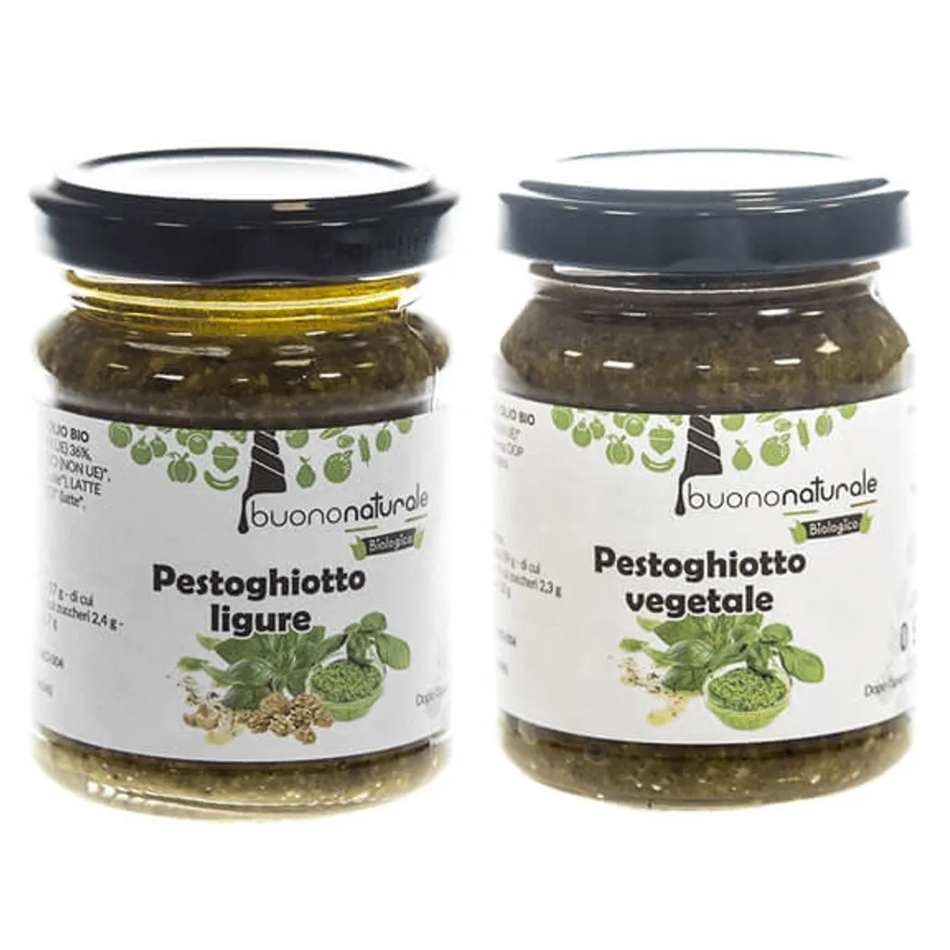 Ready-to-use sauces (10+ SKUs: Black olive paté, Ketchup, Mustard, Ligurian or vegan pesto, Classic or soy mayonnaise, Soia or seitan ragout) — ORGANIC in glass jars of 120g to 350g