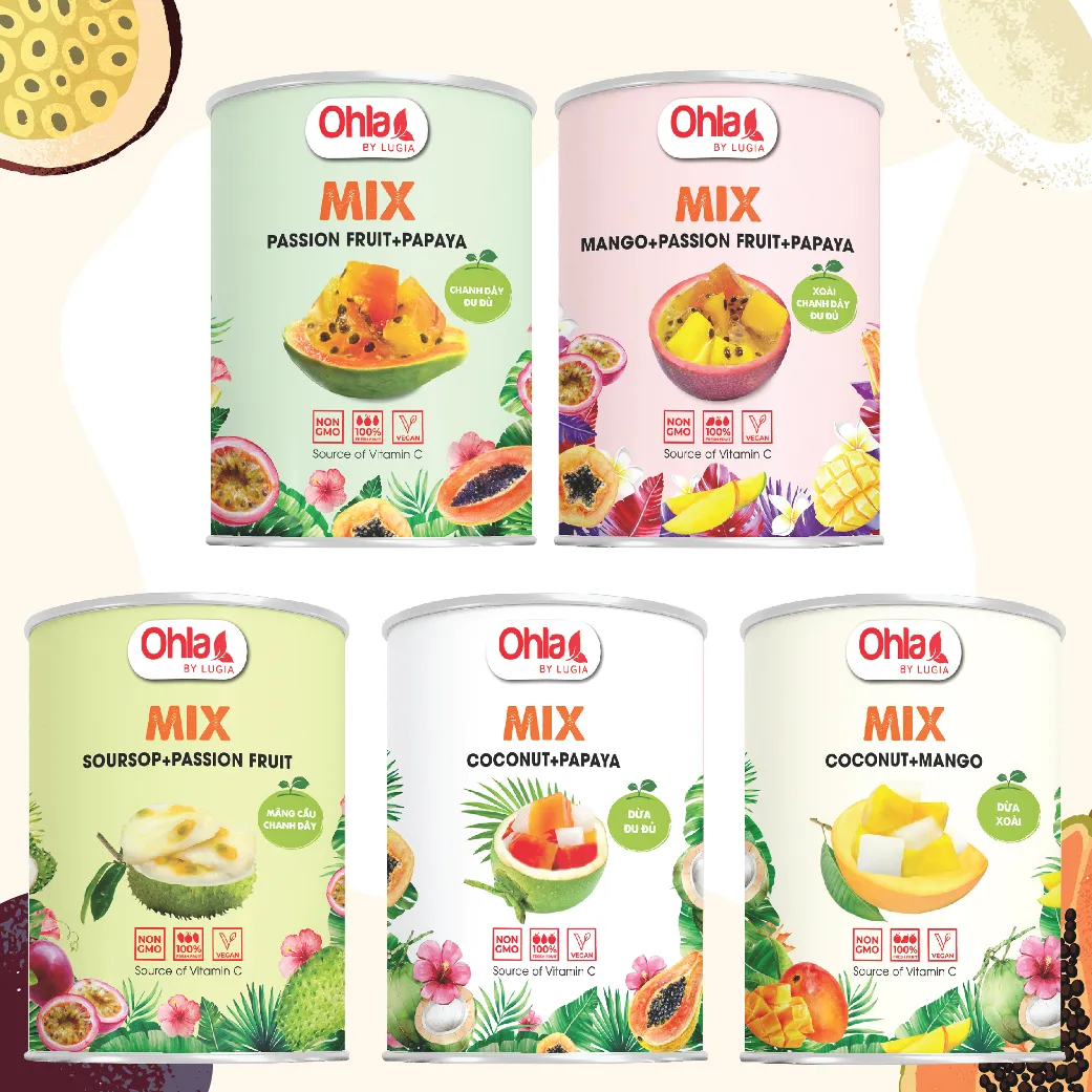 Canned Passion Fruit mix Papaya, Canned Coconut mix Papaya, Canned Coconut mix Mango, Canned Soursop mix Passion fruit, Canned Mango mix Passion fruit mix Papaya