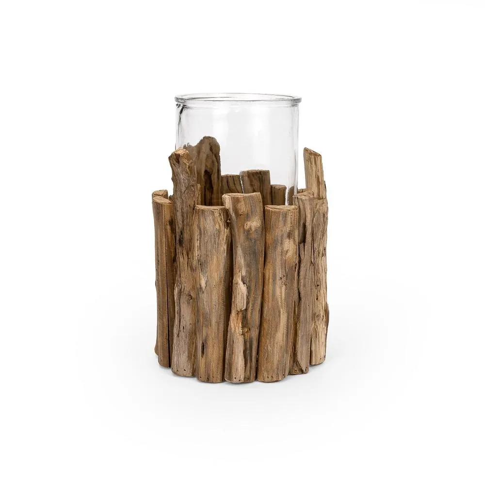 VASO VIDRO COM LASCAS DE MADEIRA RÚSTICO G