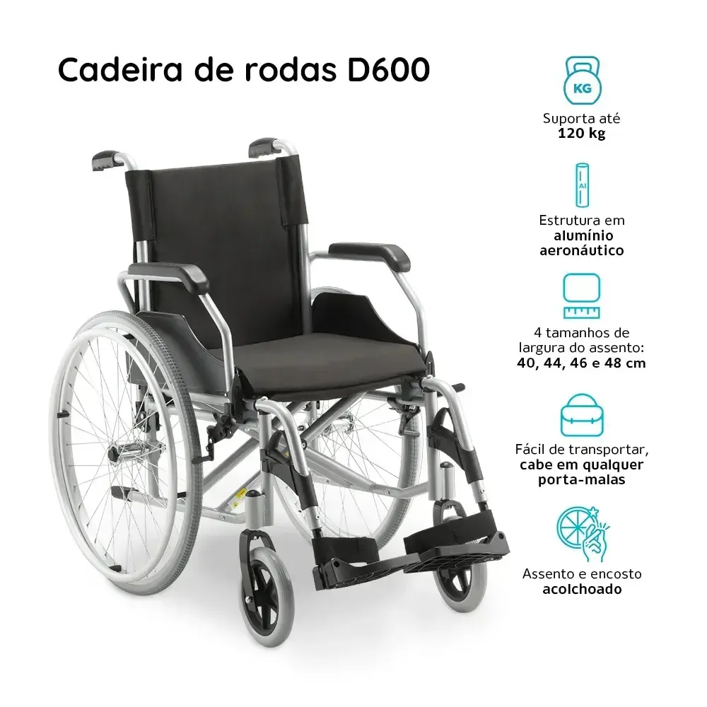 Cadeira de Rodas em Alumínio Dobrável até 120 Kg D600