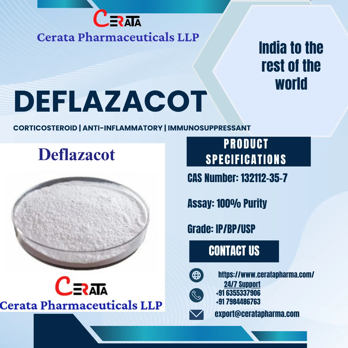 Deflazacot API | Form: API Powder | CAS : 14484-47-0 | Grade: IP/BP/USP | Purity: 100%