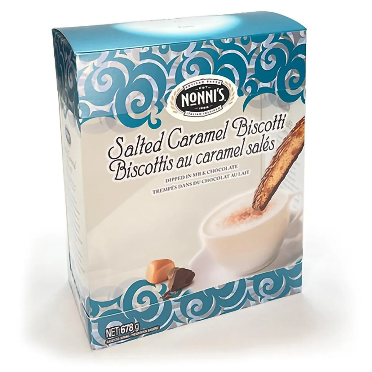 Panoramic windowed paperboard package with dynamic graphics for Nonni’s Salted Caramel Biscotti