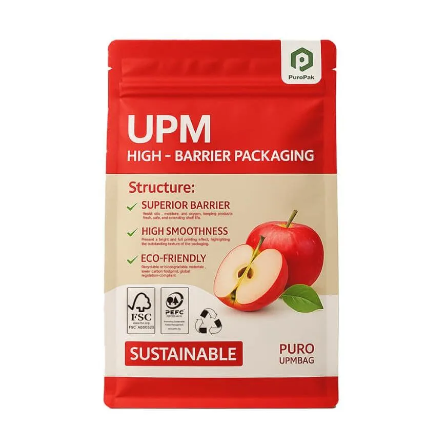 Sacos de embalagem compostáveis de alta barreira UPM para café e alimentos.