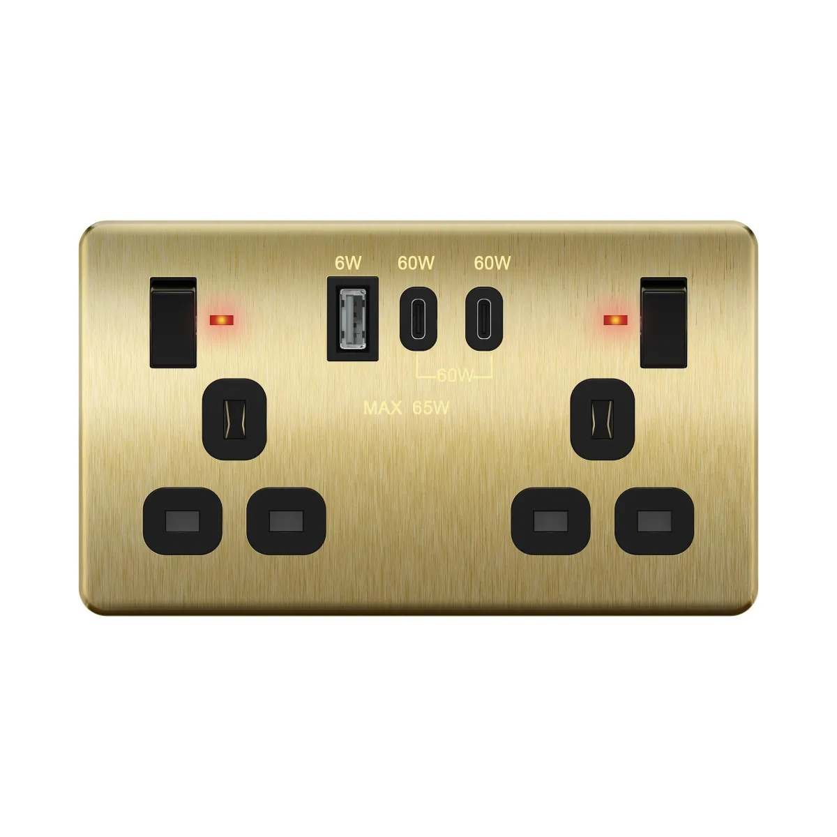 2-Gang Switched Socket with 65W USB Type-A&C, Total Output 65W with Power Delivery PD60W USB-C, Brushed Brass