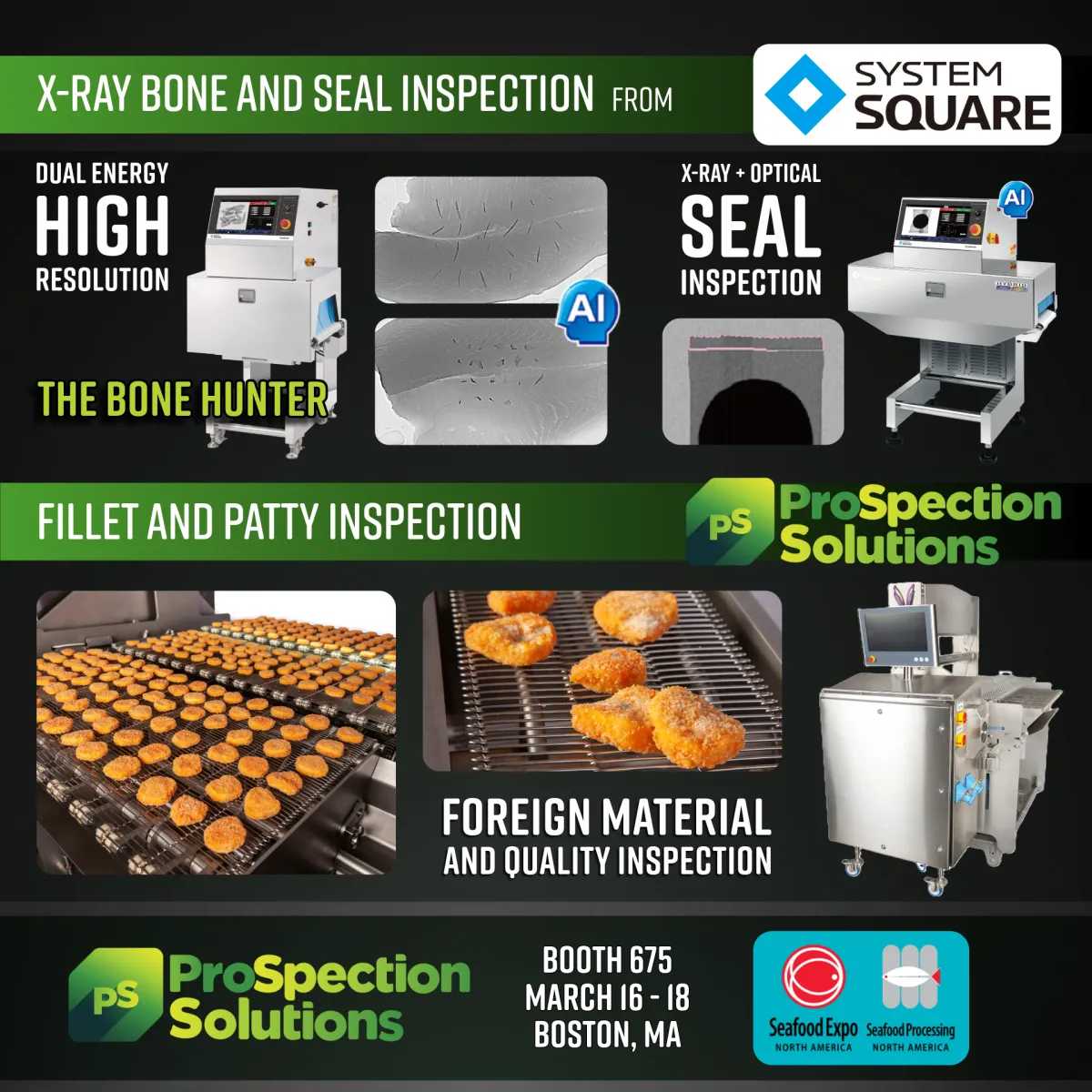 PARASITE DETECTION + X-RAY + BONE DETECTION + SEAL INTEGRITY + FILET, STICK & PATTY INSPECTION