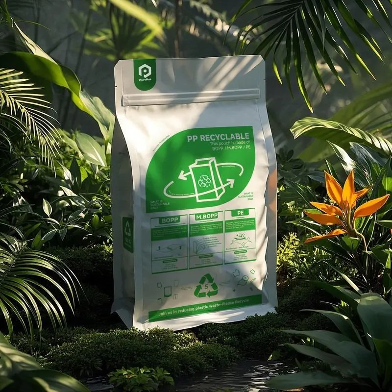 Saco de PP reciclável com fundo plano e alta barreira.