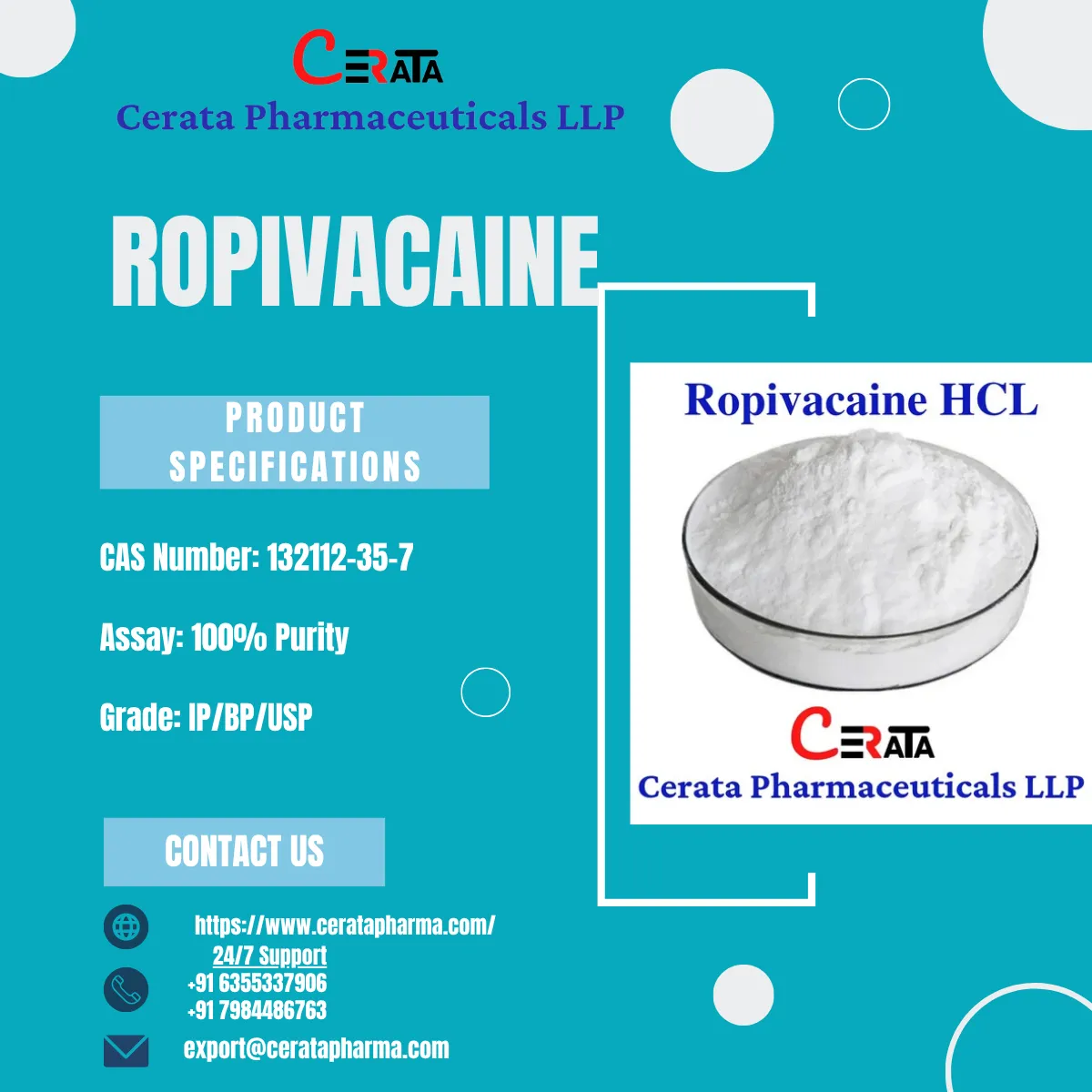 Ropivacaine HCL API | Form: API Powder | CAS : 132112-35-7 | Grade: IP/BP/USP | Purity: 100%