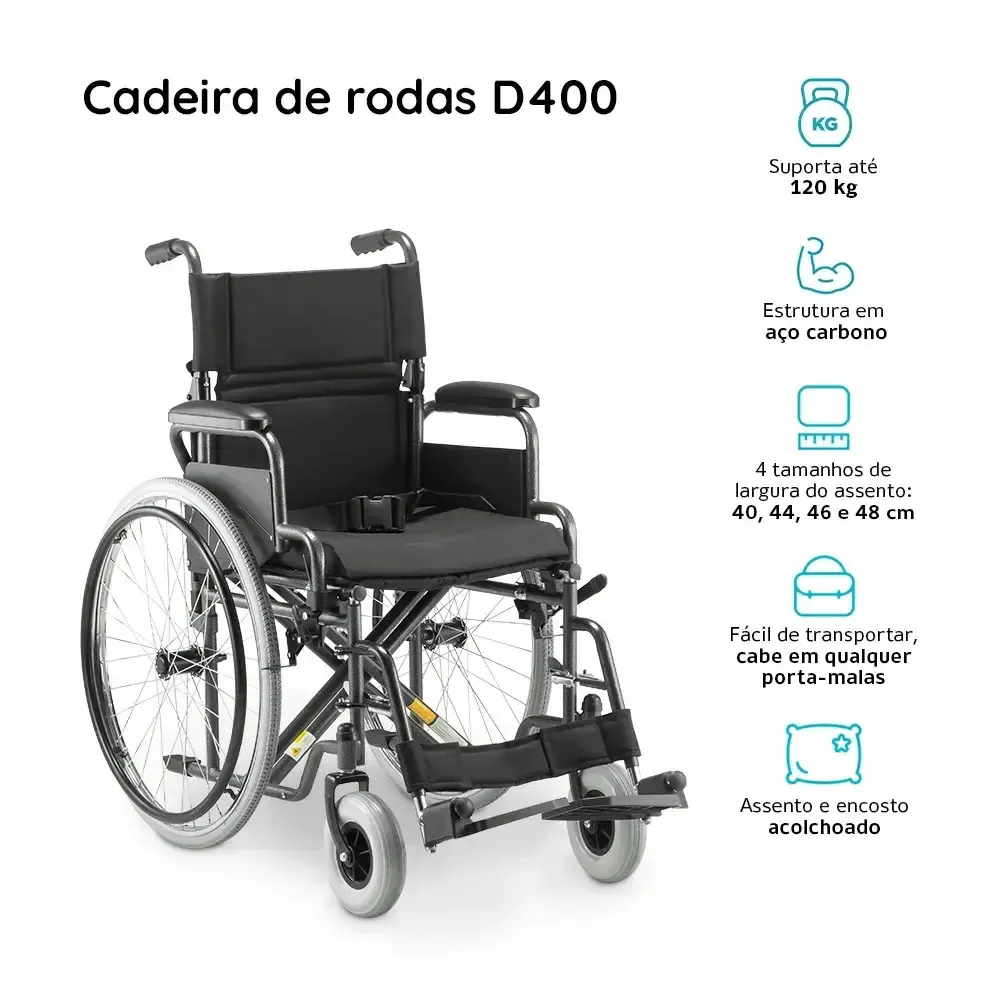 Cadeira de Rodas Aço Dobrável até 120 Kg D400