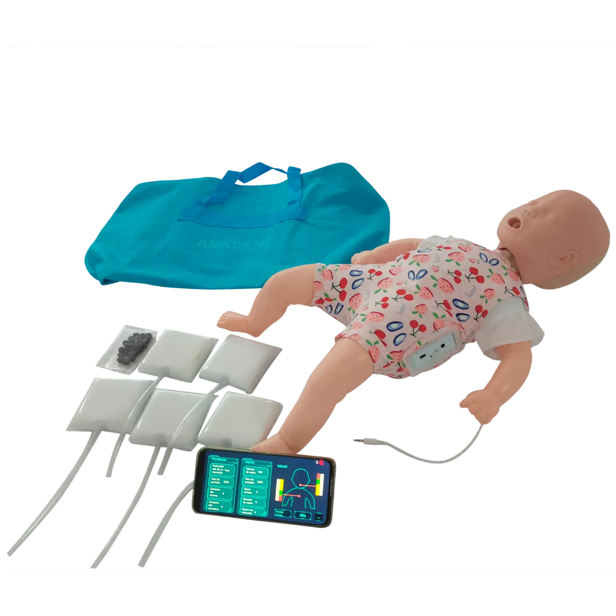 Manequim Bebê Simulador para Treino de RPC e Manobra de Heimlich com Aplicativo
