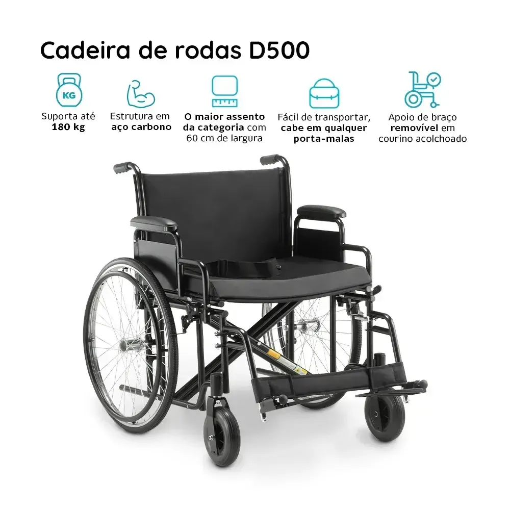 Cadeira de Rodas Dobrável Para Obeso 180 Kg assento 62 cm D500