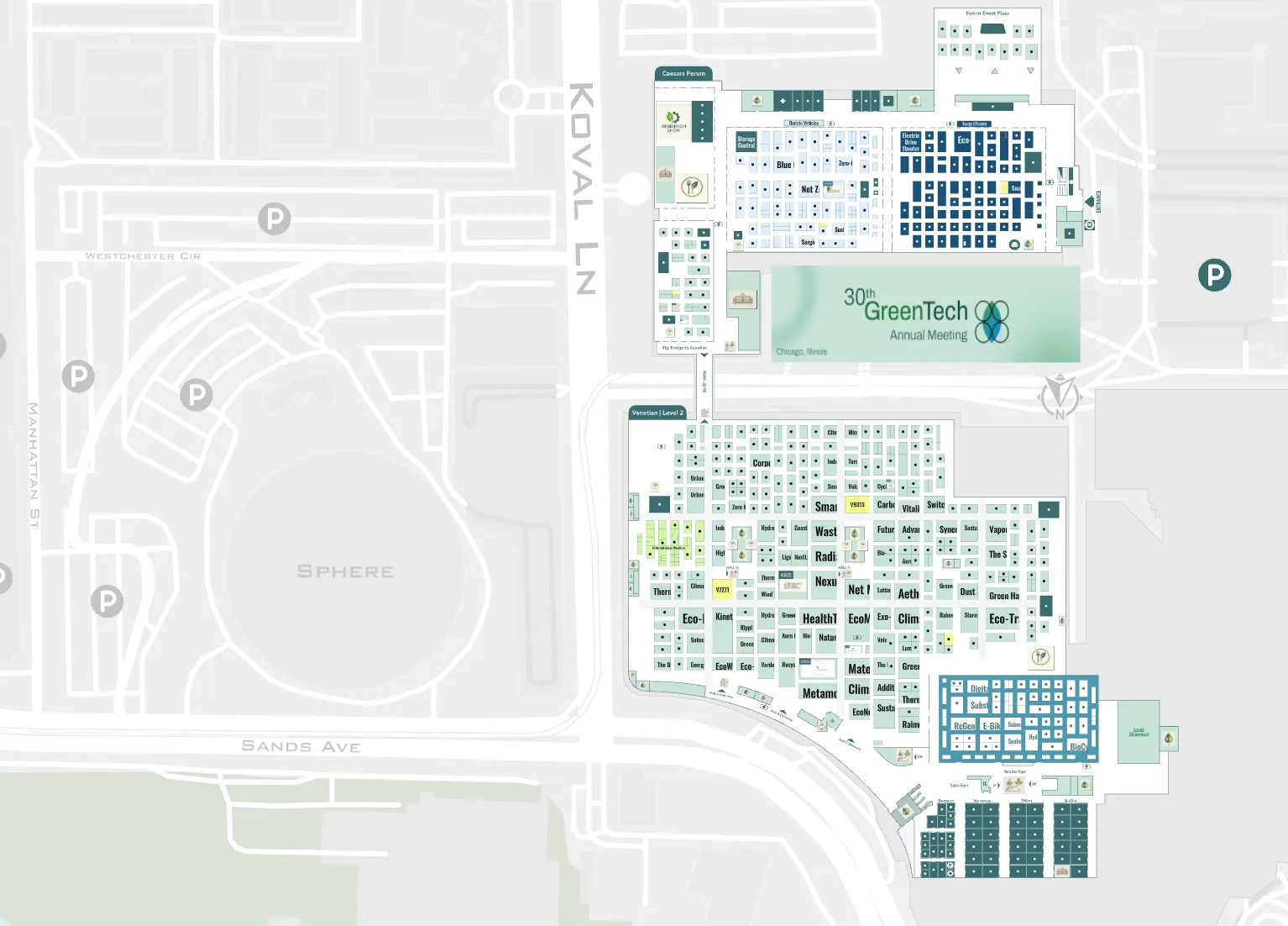 Floor plan of the 30th GreenTech Annual Meeting: exhibition halls across Caesars Forum and the Venetian Level 2, with the Electric Drive Theater, Forum Event Plaza and parking marked