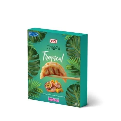 Viči Gyoza Tropical with Shrimps, Mango-Passionfruit Jam, Pineapples, Chilli Flakes Filling