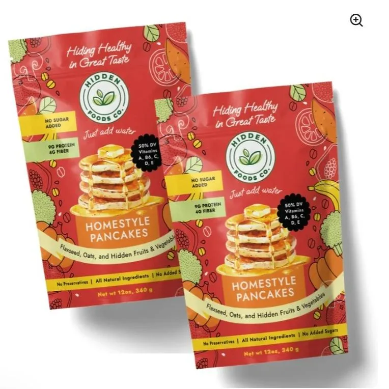 Hidden Foods Pancake Mixes, Gluten-Free Pancake Mix, Sausage and Garlic Sauce, Marinara Sauce, and Hot Cocoa