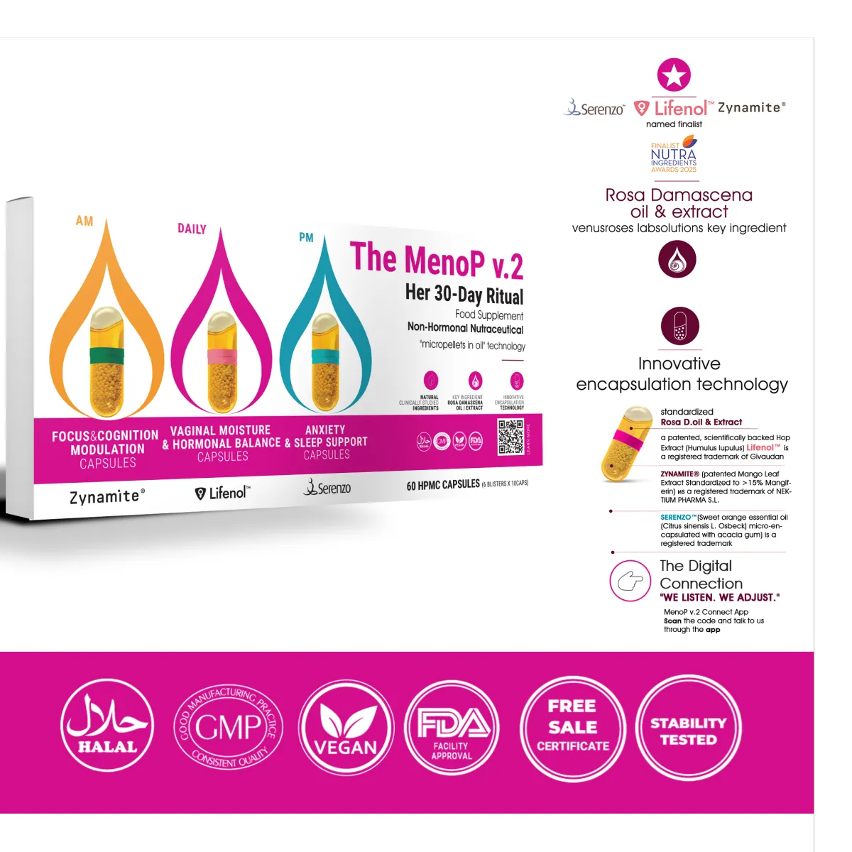 «The MenoP v.2 – Her 30-Day Ritual» – a complete 30-day menopause support system combining targeted supplements with a smart digital app.