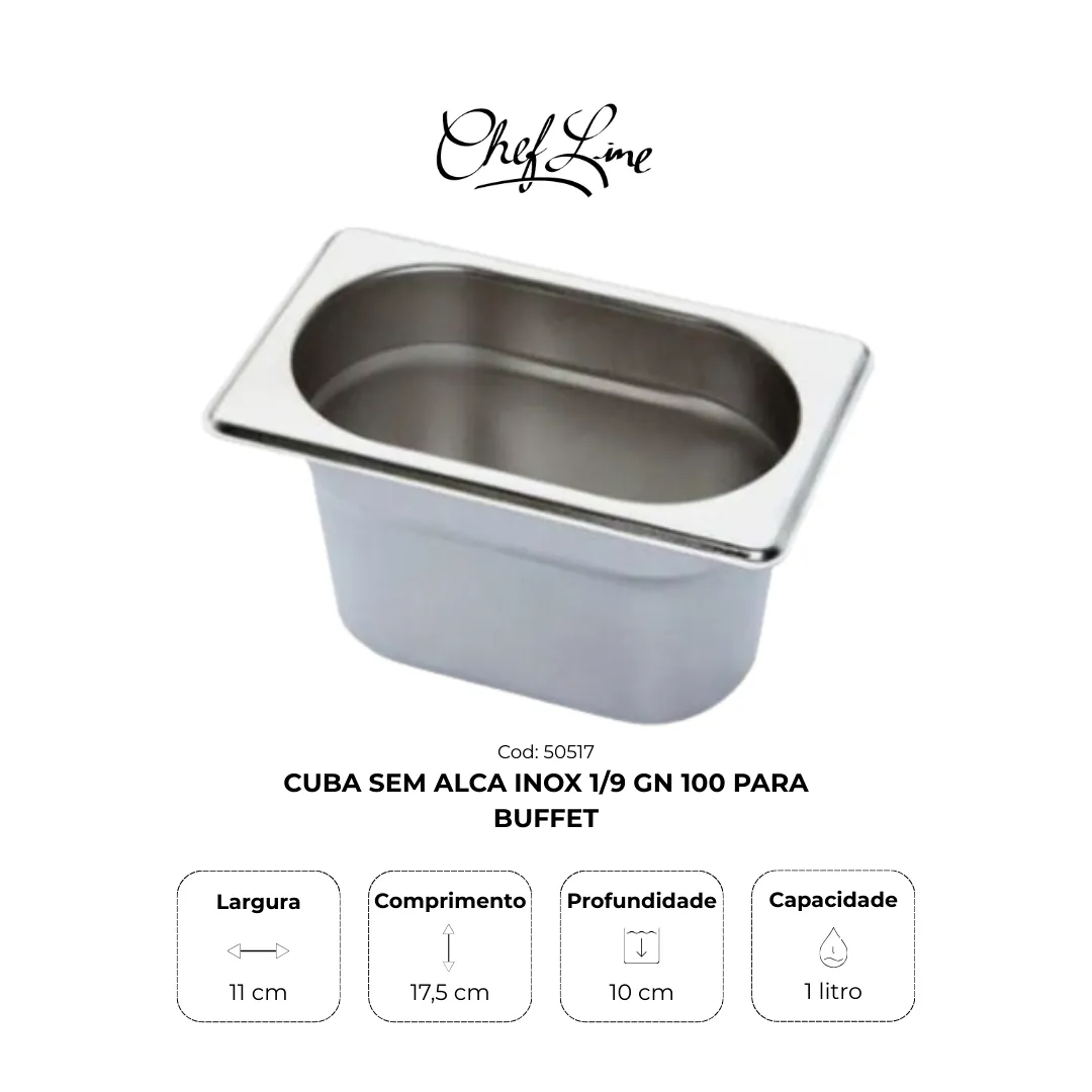 Cuba sem alça inox 1/9 GN 100 e 150