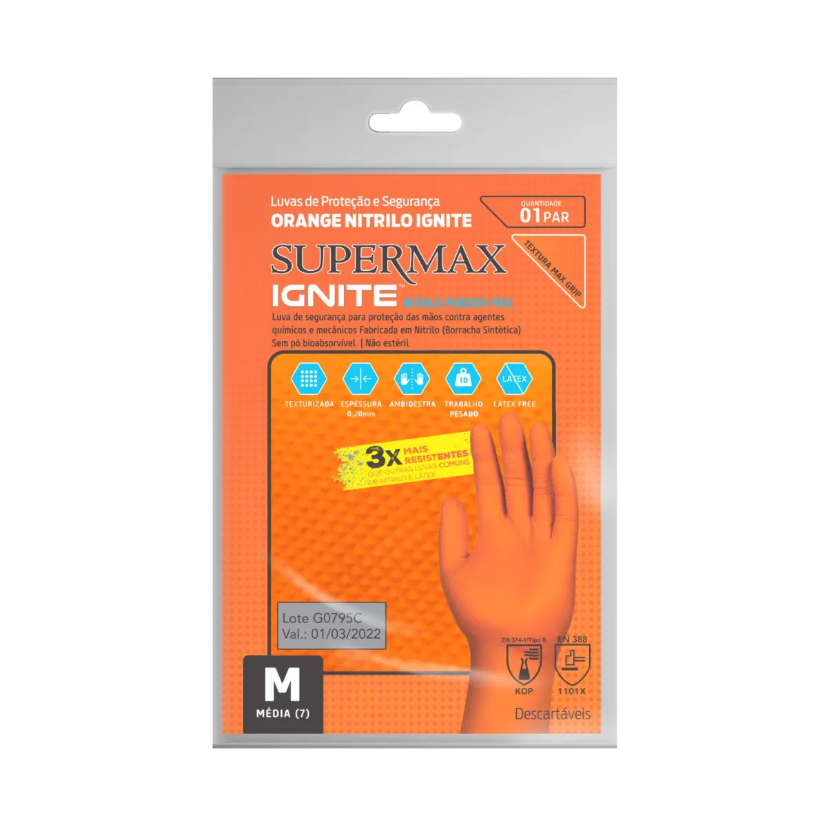 LUVA PARA PROCEDIMENTO QUÍMICO SUPERMAX IGNITE ORANGE NITRILO EM PARES