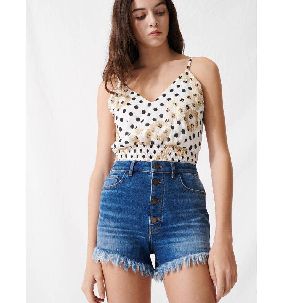 FRINGED DENIM SHORTS