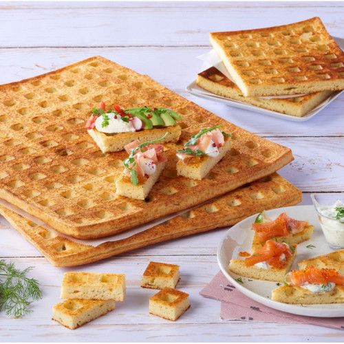Potato, Emmental cheese and parsley waffle slice. 310 x 370mm - 1.1kg