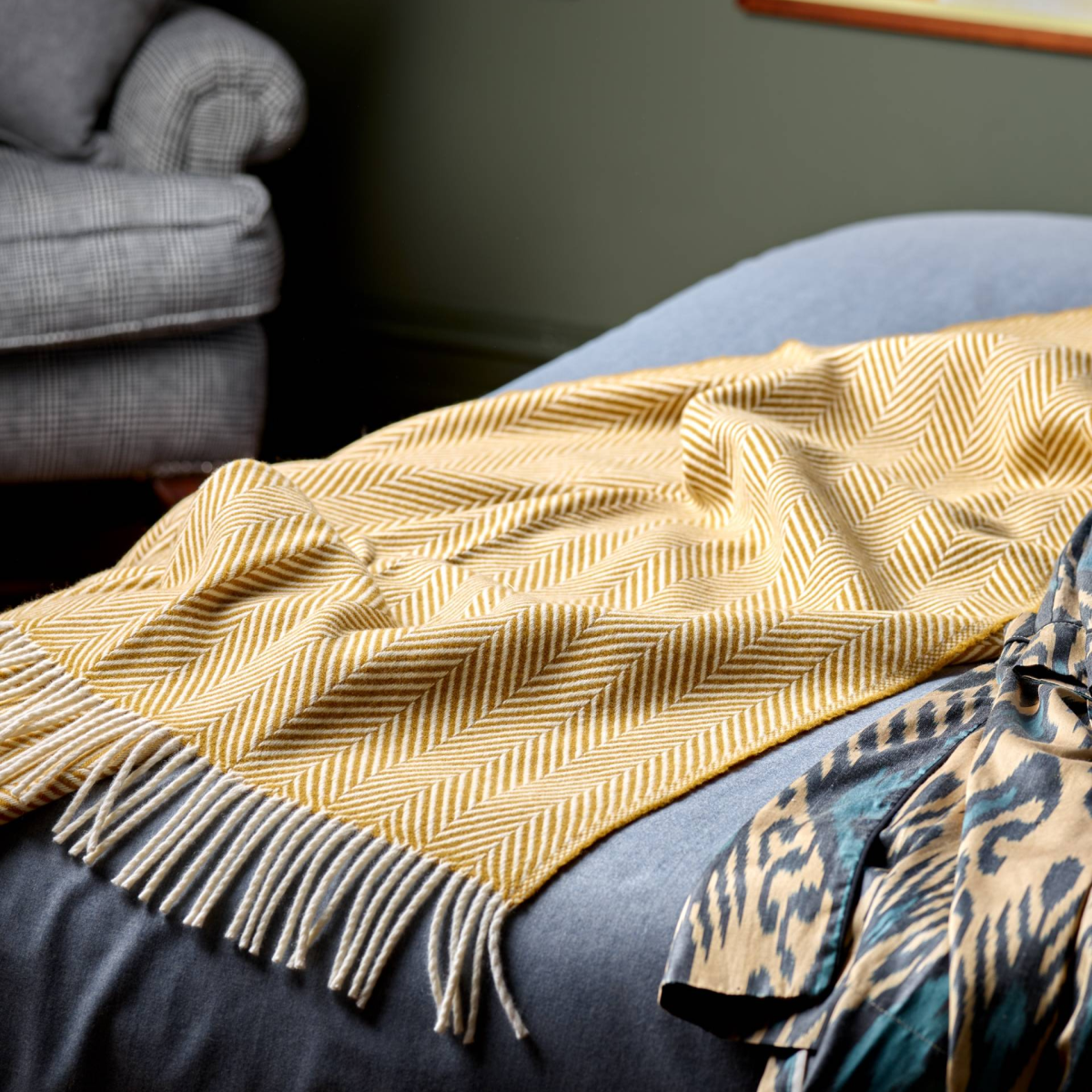 Fine Merino Herringbone Blanket in Ochre