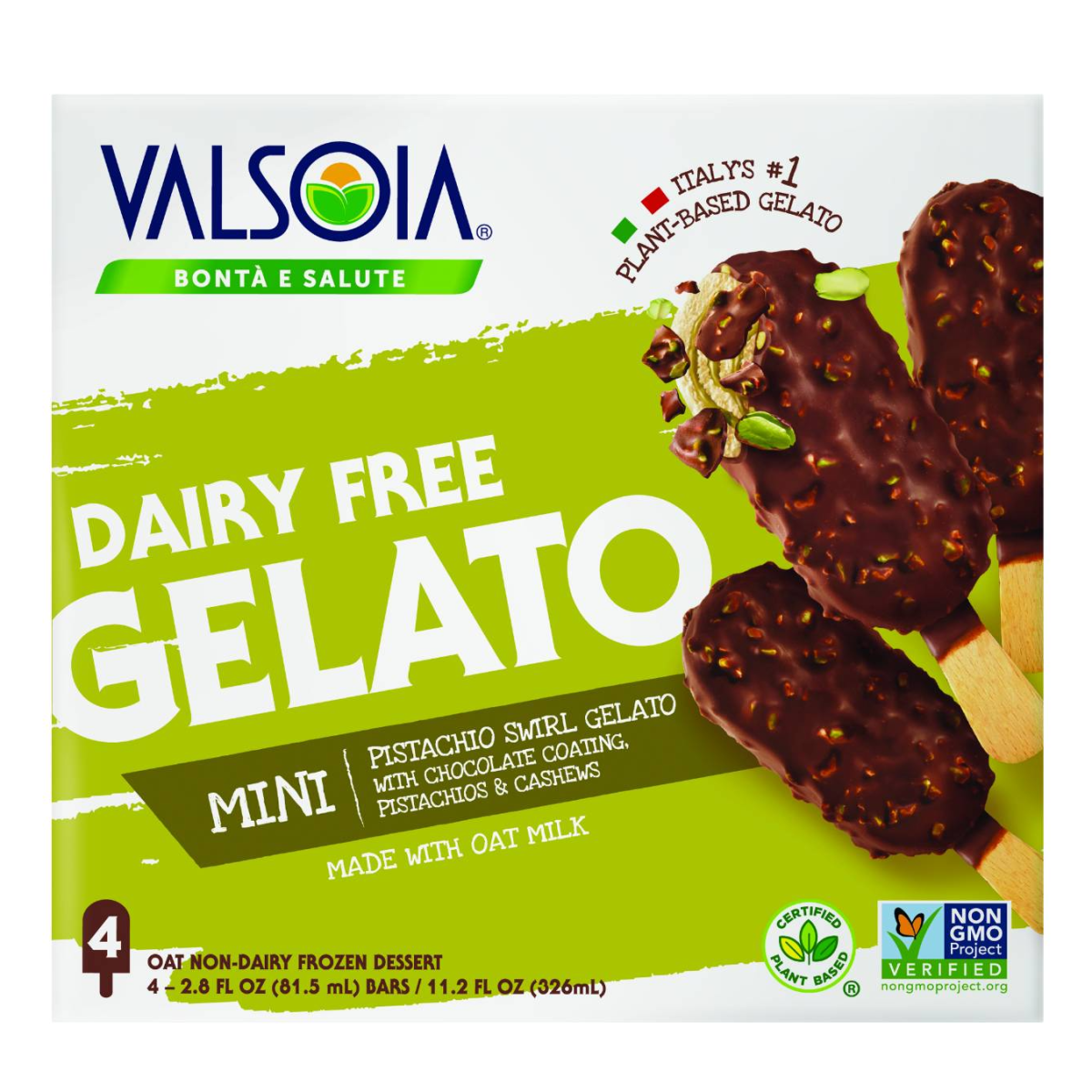 Valsoia Chocolate Dipped Pistachio Swirl Mini Bars - Oat Milk Gelato