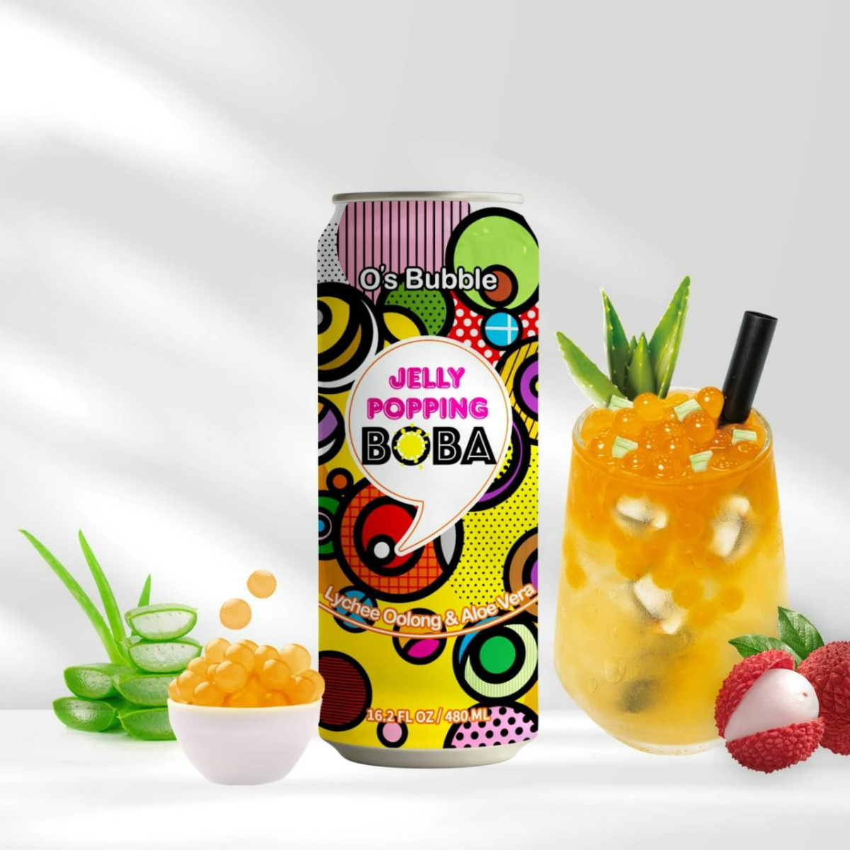 Jelly Popping Boba Can – Lychee/ Peach/ Melon + Oolong Tea/ Lemonade with Popping Boba + Aloe Vera