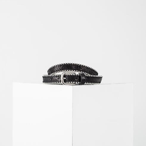 Women's black leather belt with beaded edges