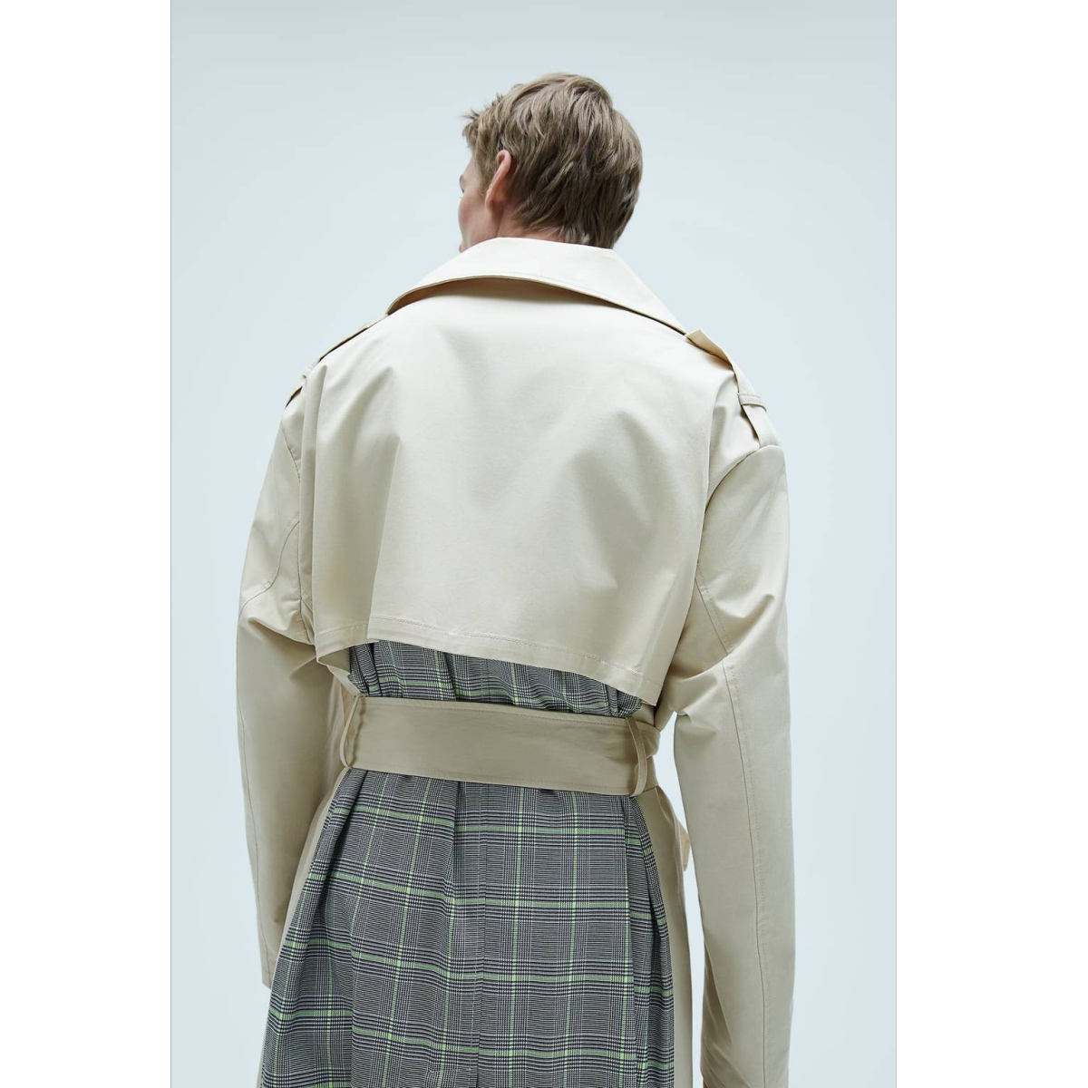 BI-MATERIAL CHECKED TRENCH COAT