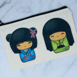 Blue Green Kokeshi Doll Cosmetic Bag