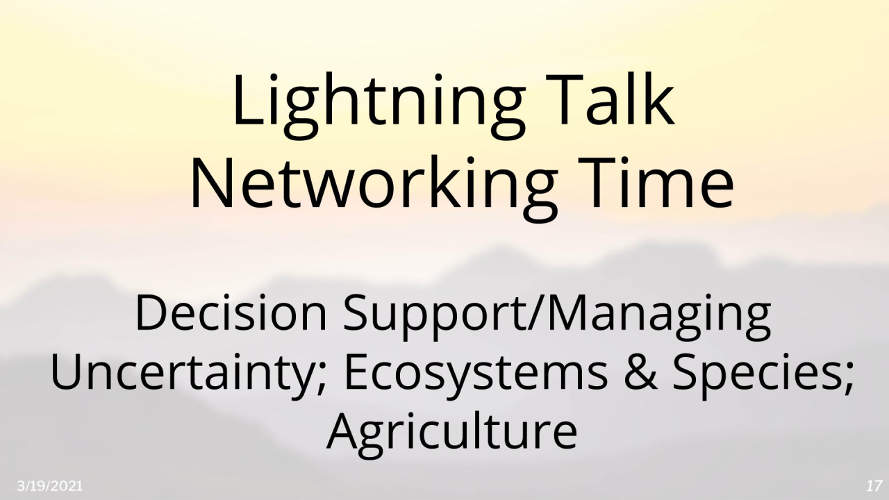 Lightning Talk Networking Time: Room - Decision Support/Managing Uncertainty; Ecosystems and Species; Agriculture