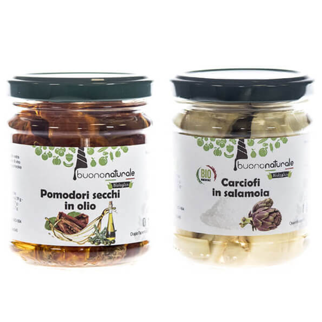 Preserved vegetables (6+ SKUs:  Artichokes in brine or oil, Dried tomatoes in oil, Capers in oil or salt, Calabrian chilli peppers in oil) —ORGANIC, vegan OK, gluten free in glass jars from 120g to 200g