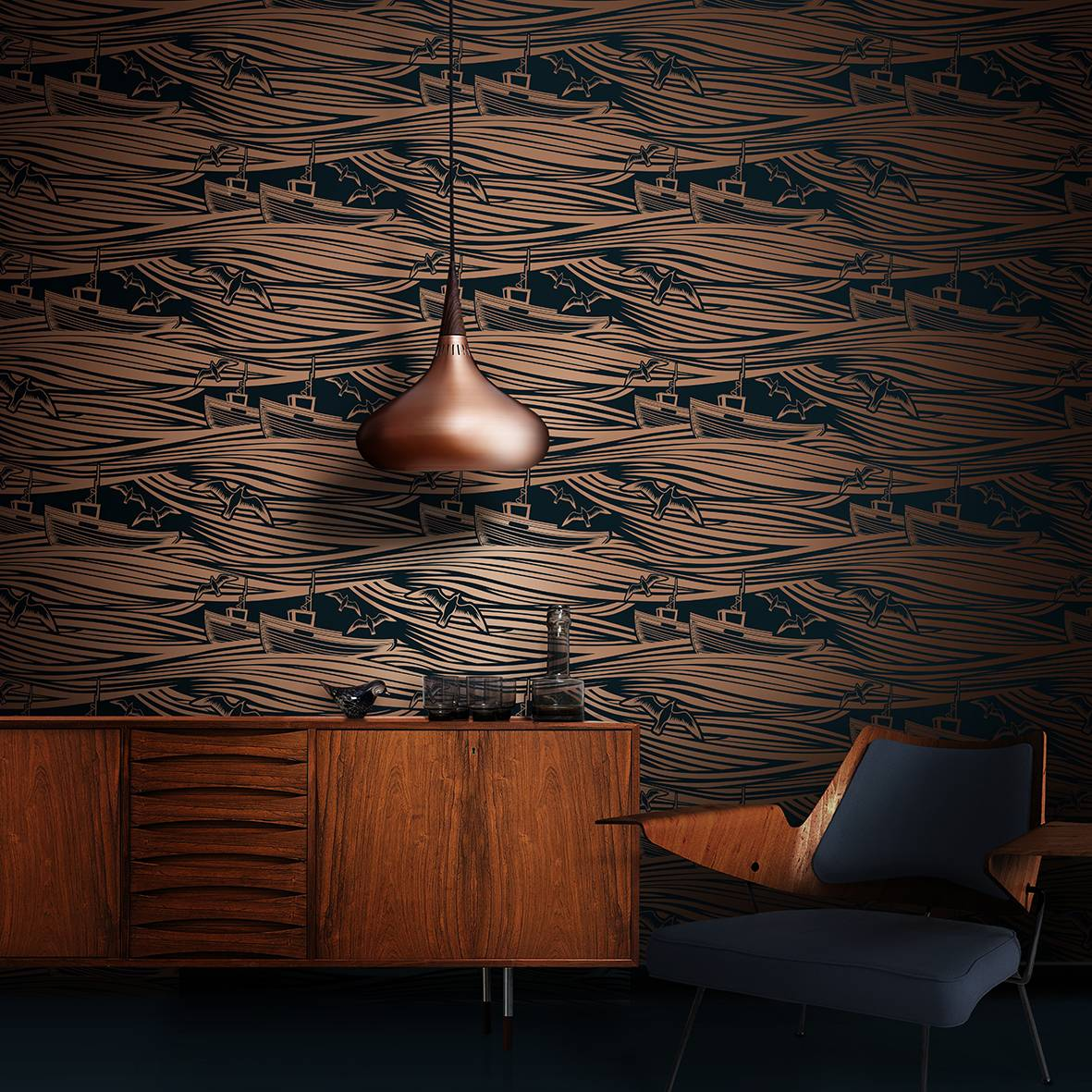 Whitby Wallpaper - Midnight & Copper