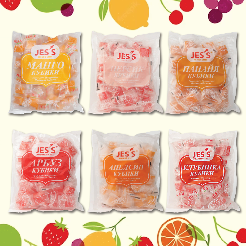 Orange Jelly, Peach Jelly, Strawberry Jelly, Papaya Jelly, and Watermelon jelly