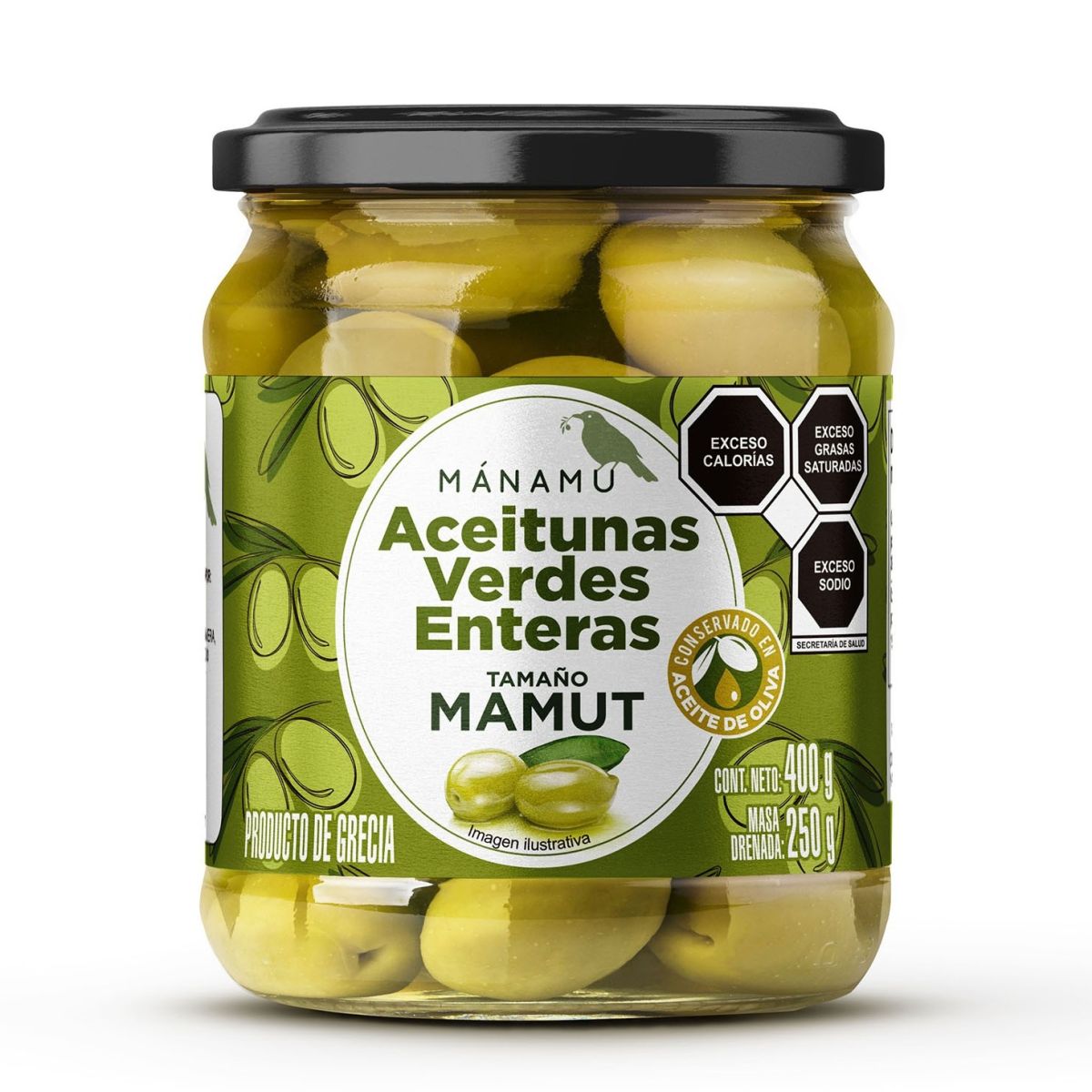 Aceitunas Verdes con hueso de Grecia en Aceite de Oliva Mánamu