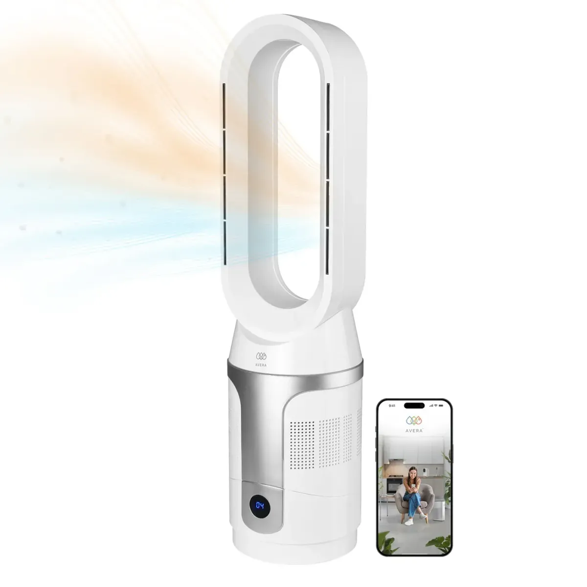 Ventilador calefactor sin aspas y purificador 3 en 1, silencioso, oscilación 90° + control WiFi