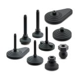 Pieds de machines réglables base en technopolymère, tige en SUPER-technopolymère, disque antivibratoire en PUR