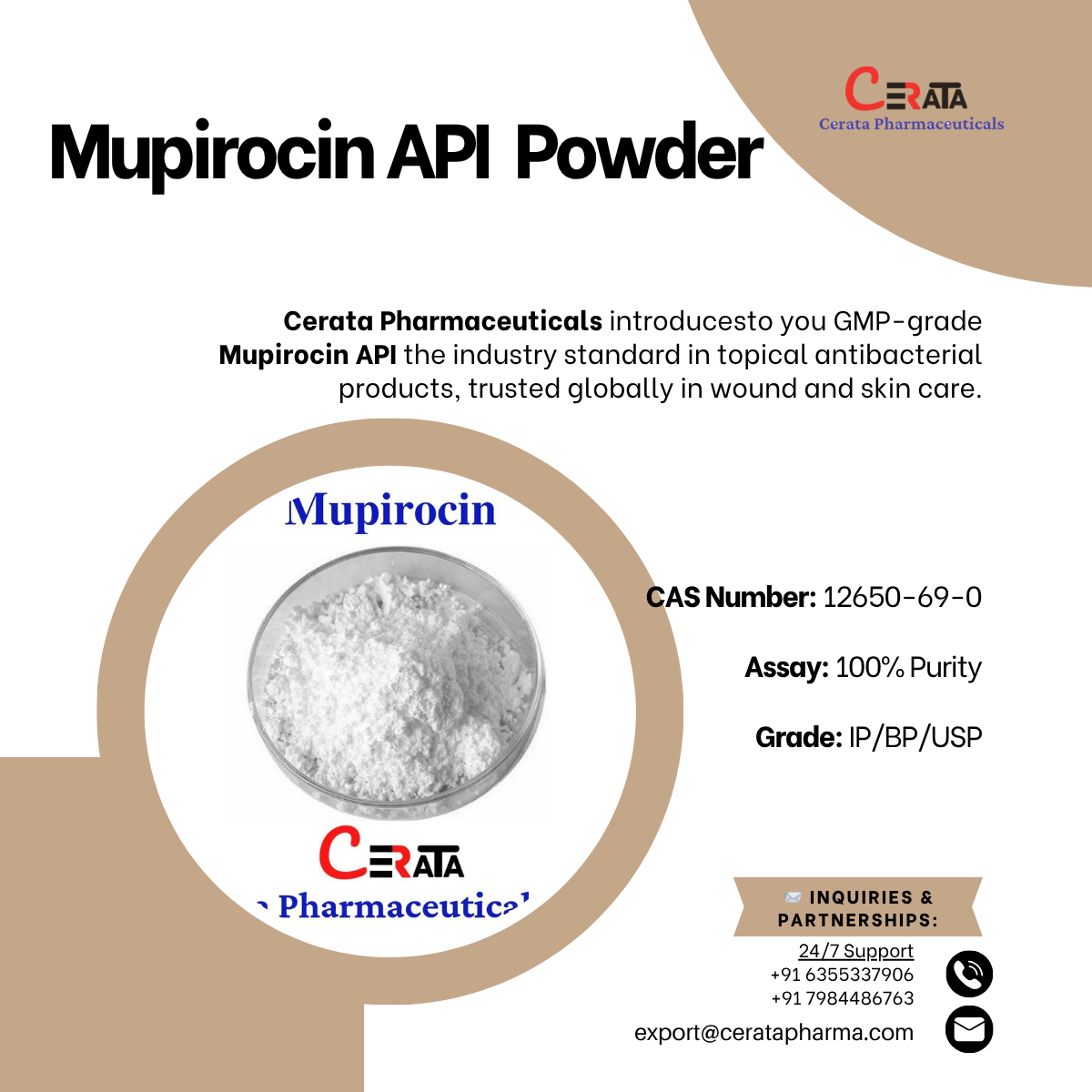 Mupirocin/Mupirocin Calcium API | Form: API Powder | CAS : 12650-69-0 / 115074-43-6 | Grade: IP/BP/USP | | Purity: 100%