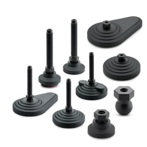 Pieds de machines réglables base en technopolymère, tige en SUPER-technopolymère, disque antivibratoire en PUR