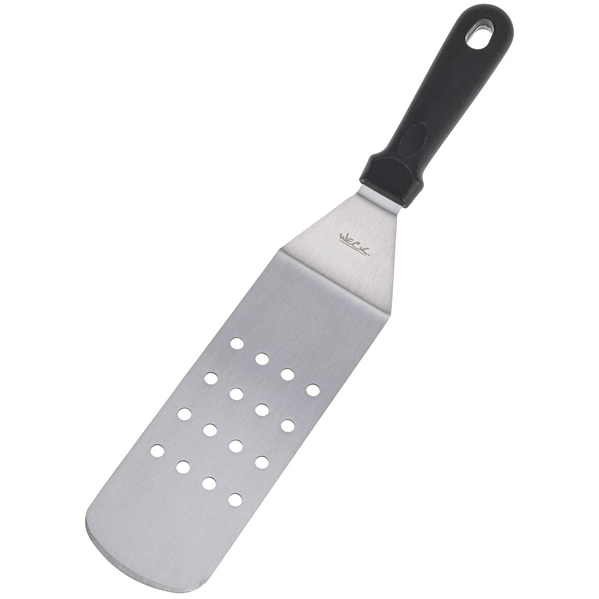 Espátula Perfurada Longa Curva Profissional em Aço Inox c/ Cabo em Polipropileno Preto 35,5 x 7cm WECK