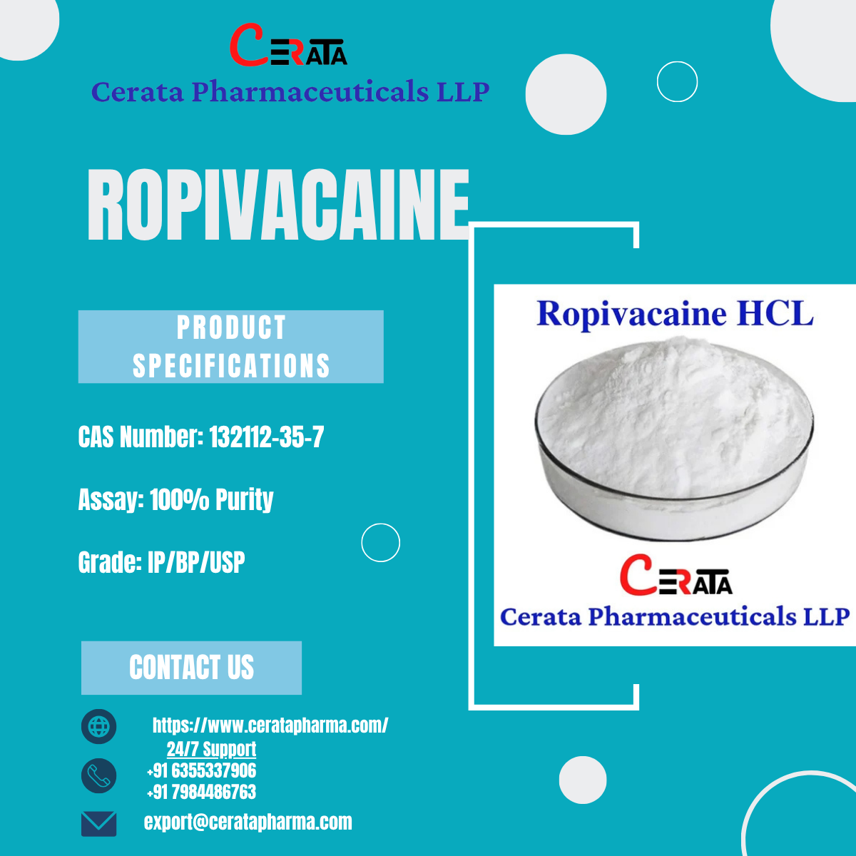 Ropivacaine HCL API | Form: API Powder | CAS : 132112-35-7 | Grade: IP/BP/USP | Purity: 100%