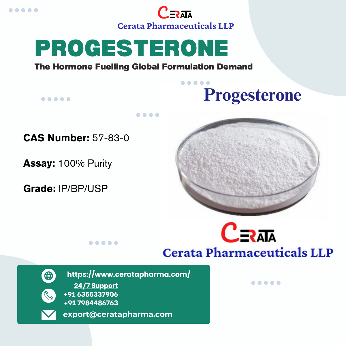 Progesterone API | Form: API Powder | CAS : 57-83-0 | Grade: IP/BP/USP | | Purity: 100%